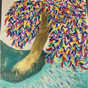 Acrylic painting of rainbow weeping willow hanging over a river. Original